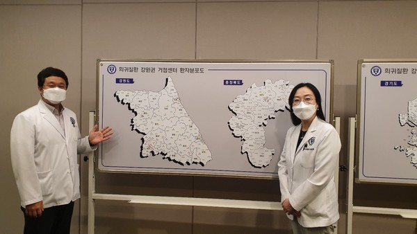 원주세브란스병원 희귀질환 강원권 거점센터에서 치료 받고 있는 환자들의 지역 분포도