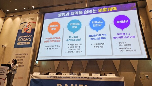 보건복지부 김한숙 보건의료정책과장은 지난 1일 서울 드래곤시티호텔에서 열린 ‘심장혈관흉부외과학회 춘계 통합학술대회 및 AAPCHS 2024’에 참석해 ‘필수의료 정책에 대한 전망과 실제-필수의료 패키지’를 발제했다(ⓒ청년의사).