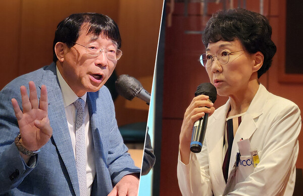 국립암센터 서홍관 원장(왼쪽)과 양성자센터 김주영 교수는 지난 16일 연구동 대회의실에서 가진 기자간담회에서 4P 하우스를 마련한 이유 등에 대해 이야기했다. ⓒ청년의사